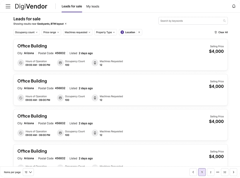 DigiVendor real estate leads interface displaying office buildings for sale