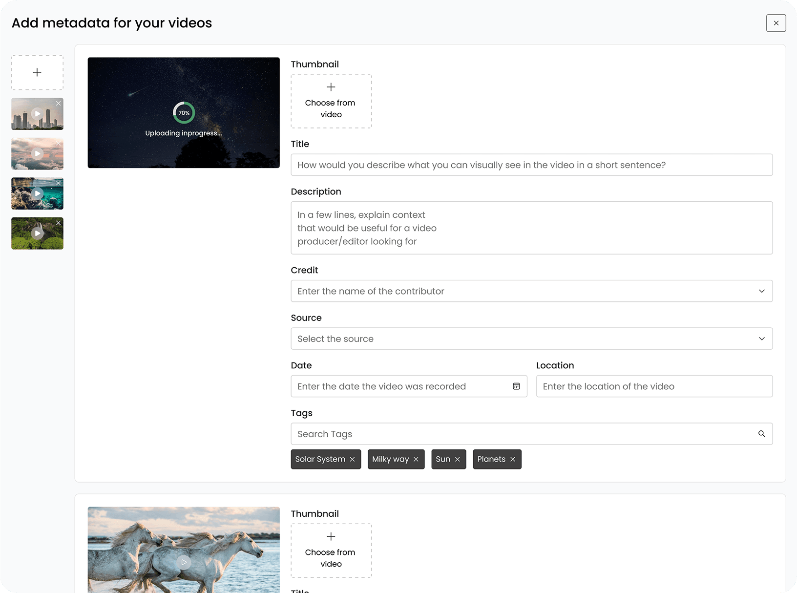 Editorial videos library view with sorting and filtering tools.