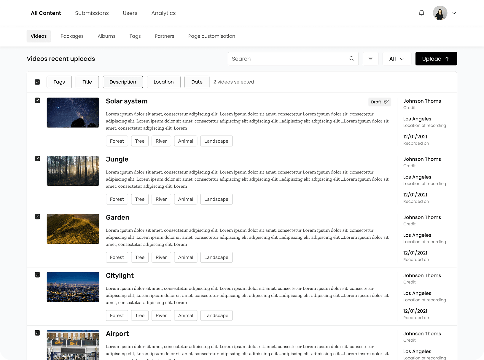 Video selection interface for compiling editorial footage into an album.
