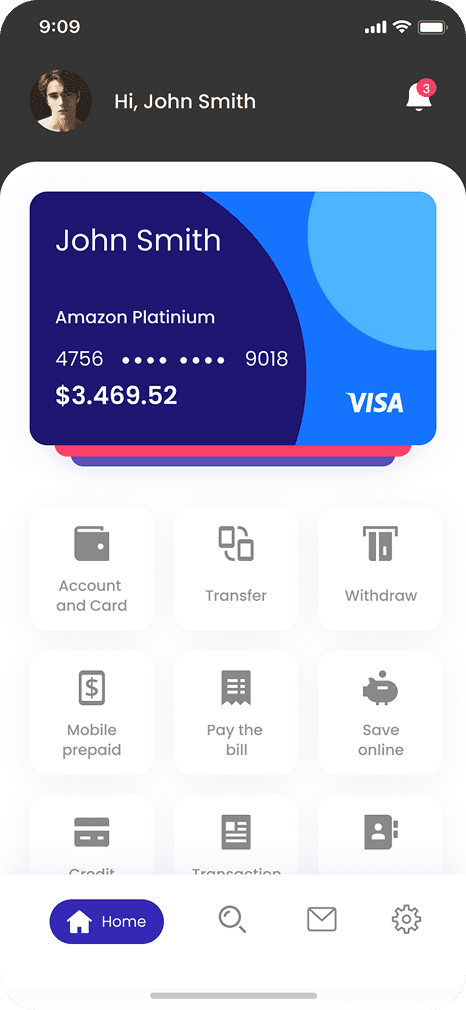 Digital payment app interface for managing cards, bills, and global payments