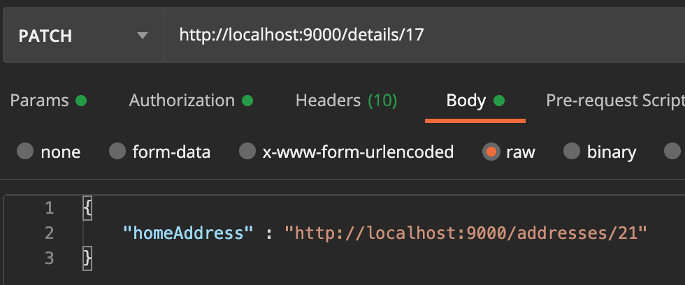 A patch request to add home address to details. Notice the body. The entity in the data layer handle relationships all by themselves.