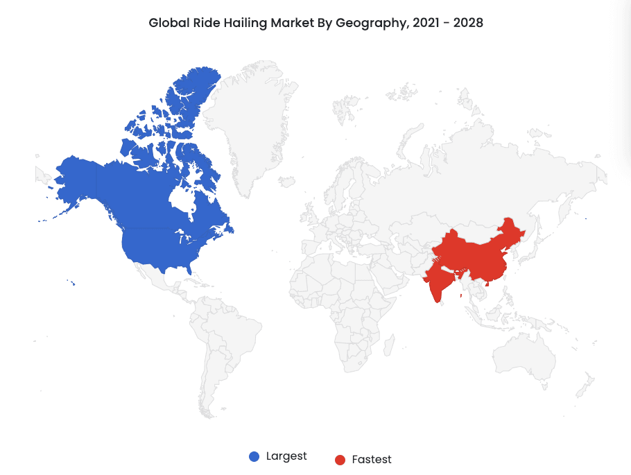 Global ride hailing market by geography, 2021- 2028. Image showing that the ride-booking market will be dominated by North America, with the Asia Pacific region expected to experience the fastest market growth due to population expansion.