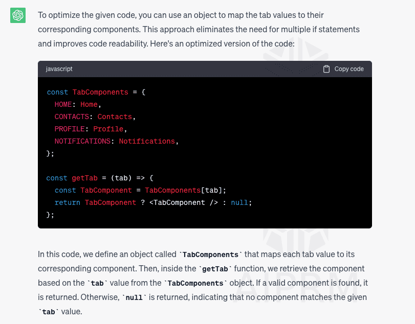 Output result from ChatGPT when asked to optimize the mentioned code.