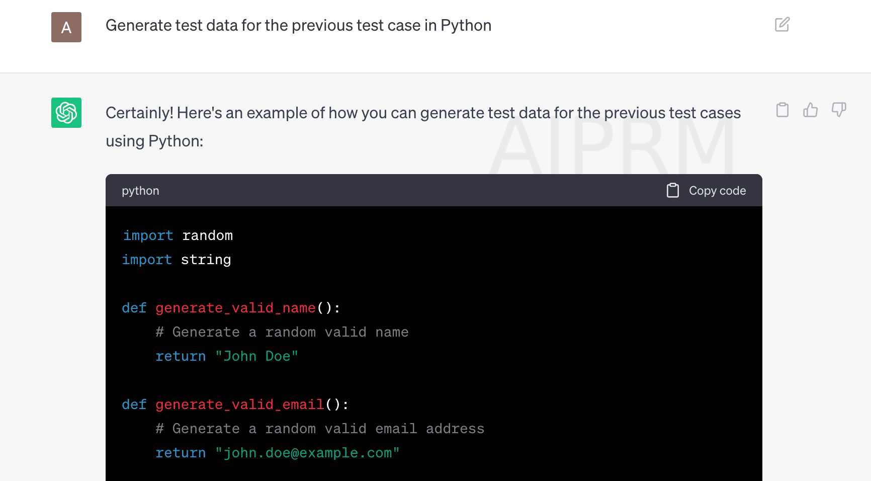 Let us see how we can use ChatGPT to generate test data for the same example, developing a social media application. We’re asking ChatGPT to generate test data for the test case previously mentioned in a language of our choice, for example, Python.