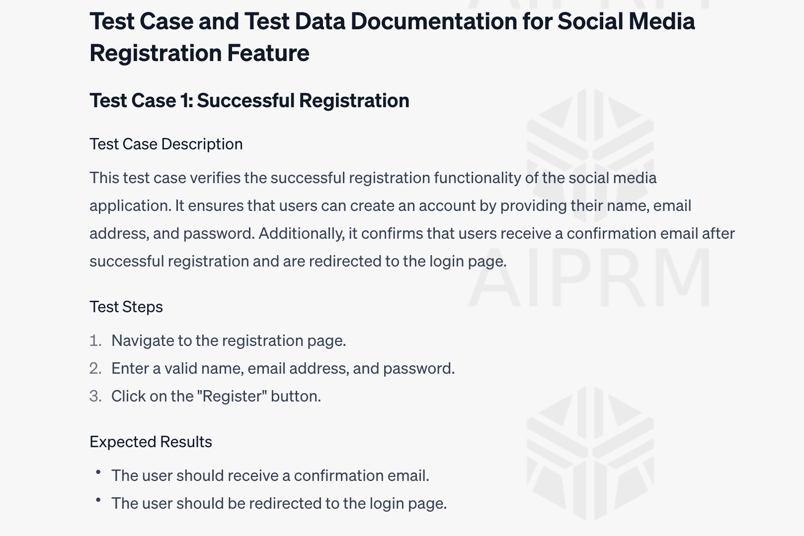 In the image, you can see the documentation for the first test case and data, which was successful registration:
