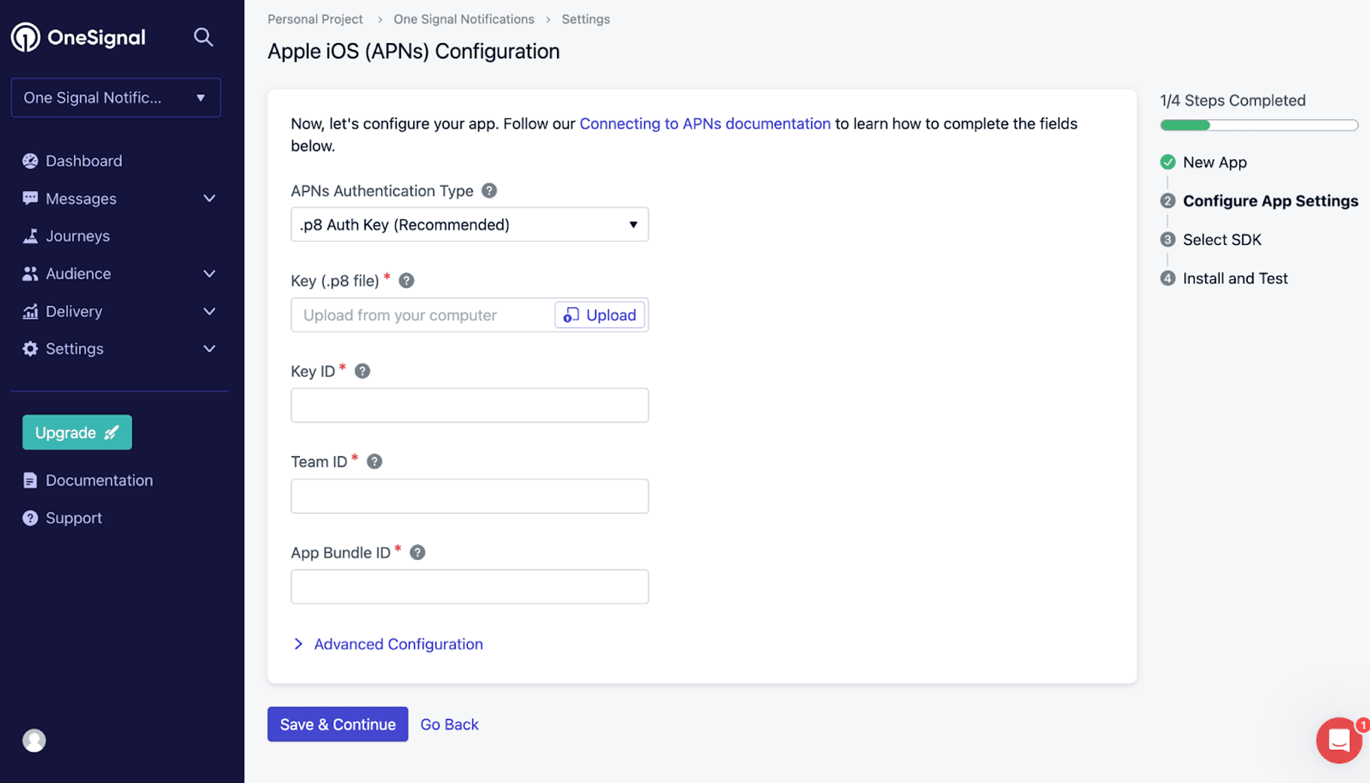 Configure your OneSignal App's Ios Platform Settings