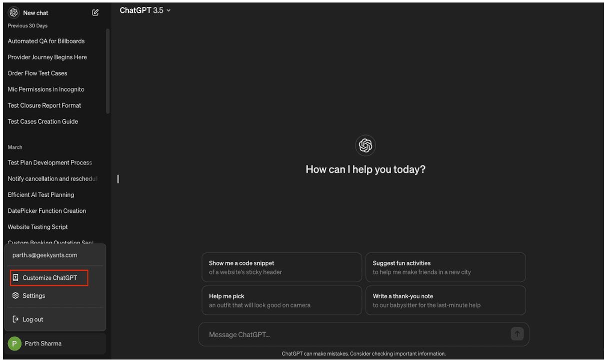 Click on "Customize ChatGPT" on ChatGPT interface