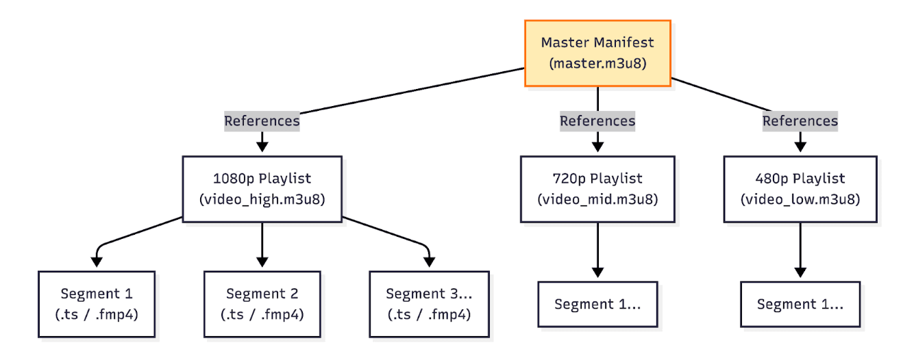 HLS master playlist structure showing adaptive bitrate streaming and video segments