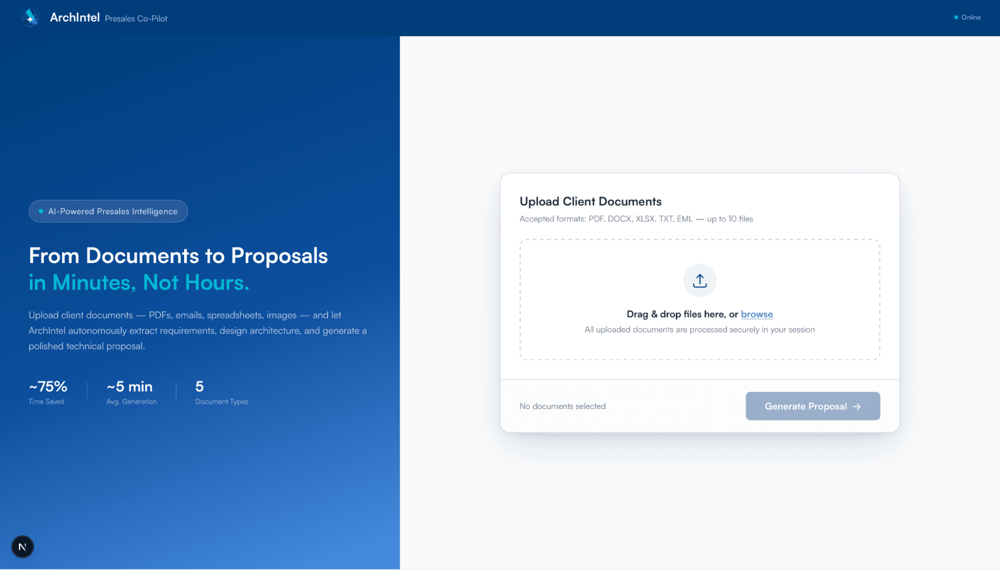 ArchIntel AI presales co-pilot document upload dashboard.