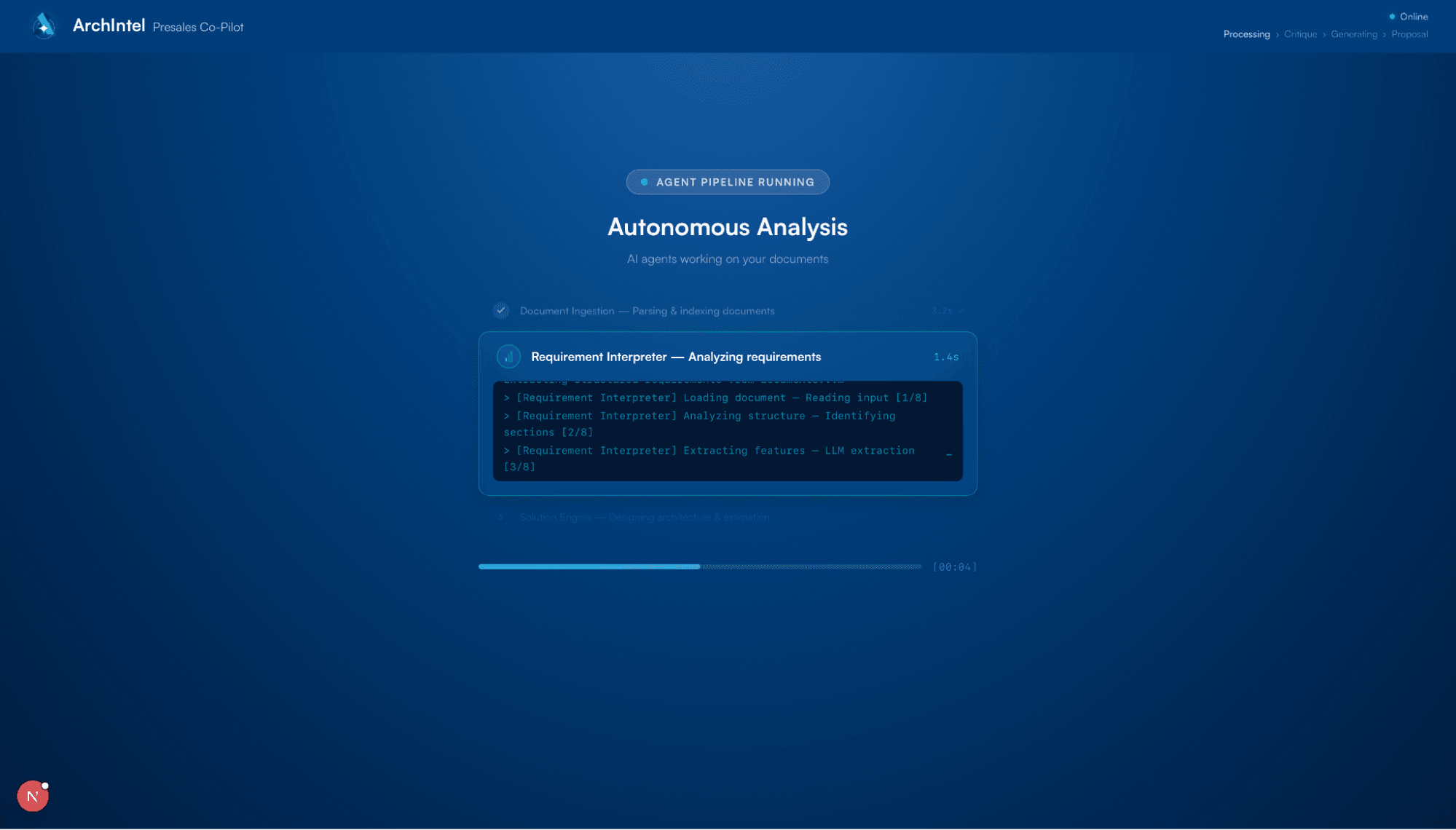 AI agent pipeline performing autonomous analysis on RFPs.