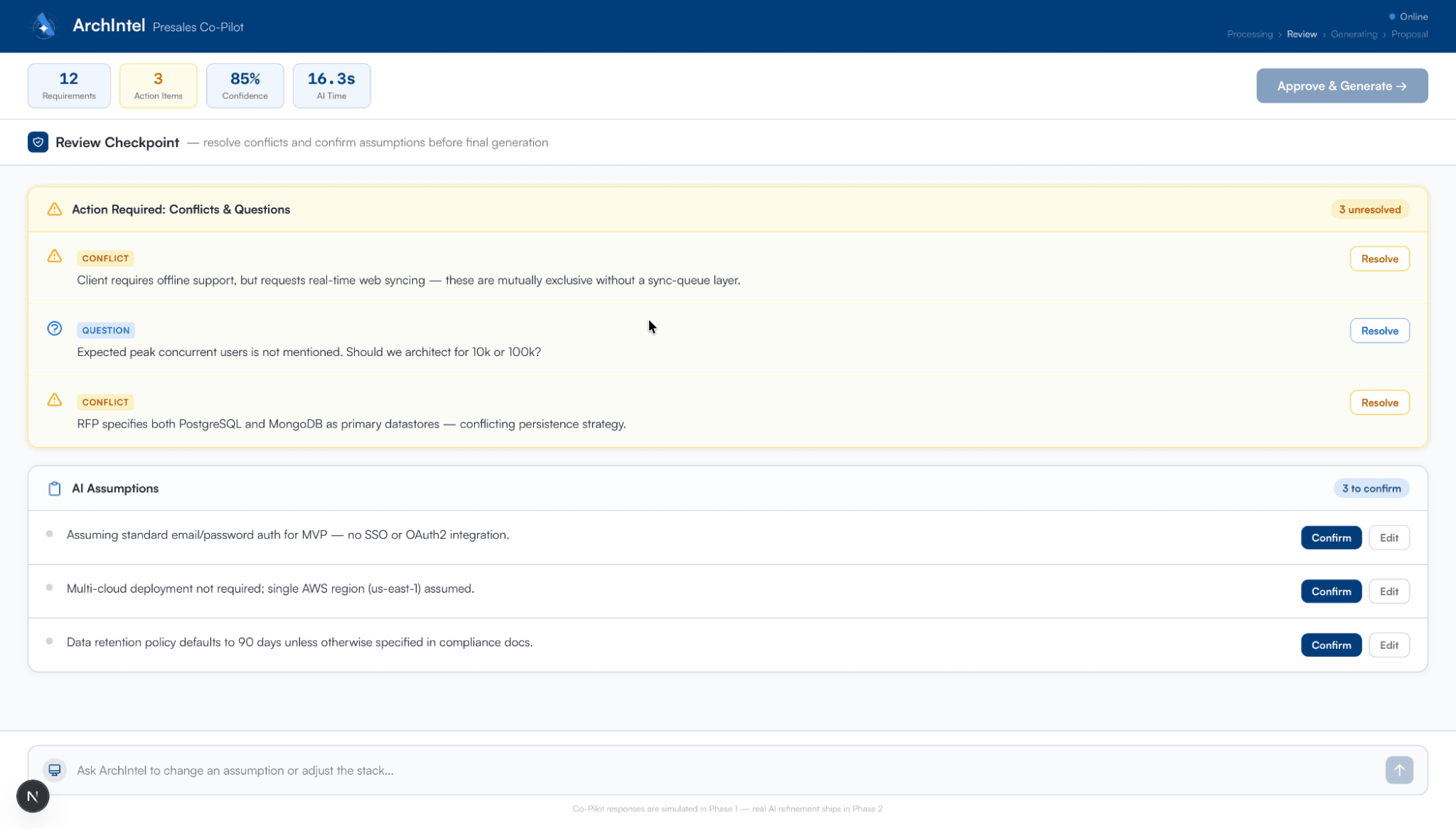 AI dashboard showing conflict detection and assumptions.