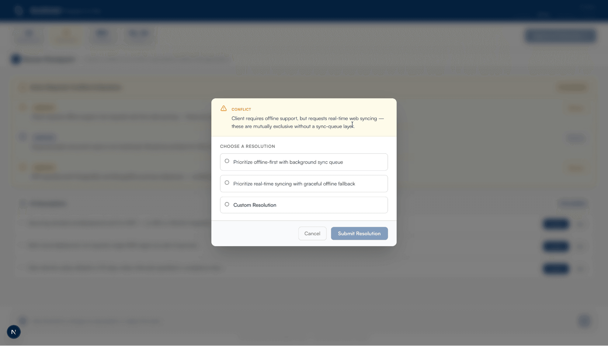 Resolving technical conflicts in the AI proposal builder.