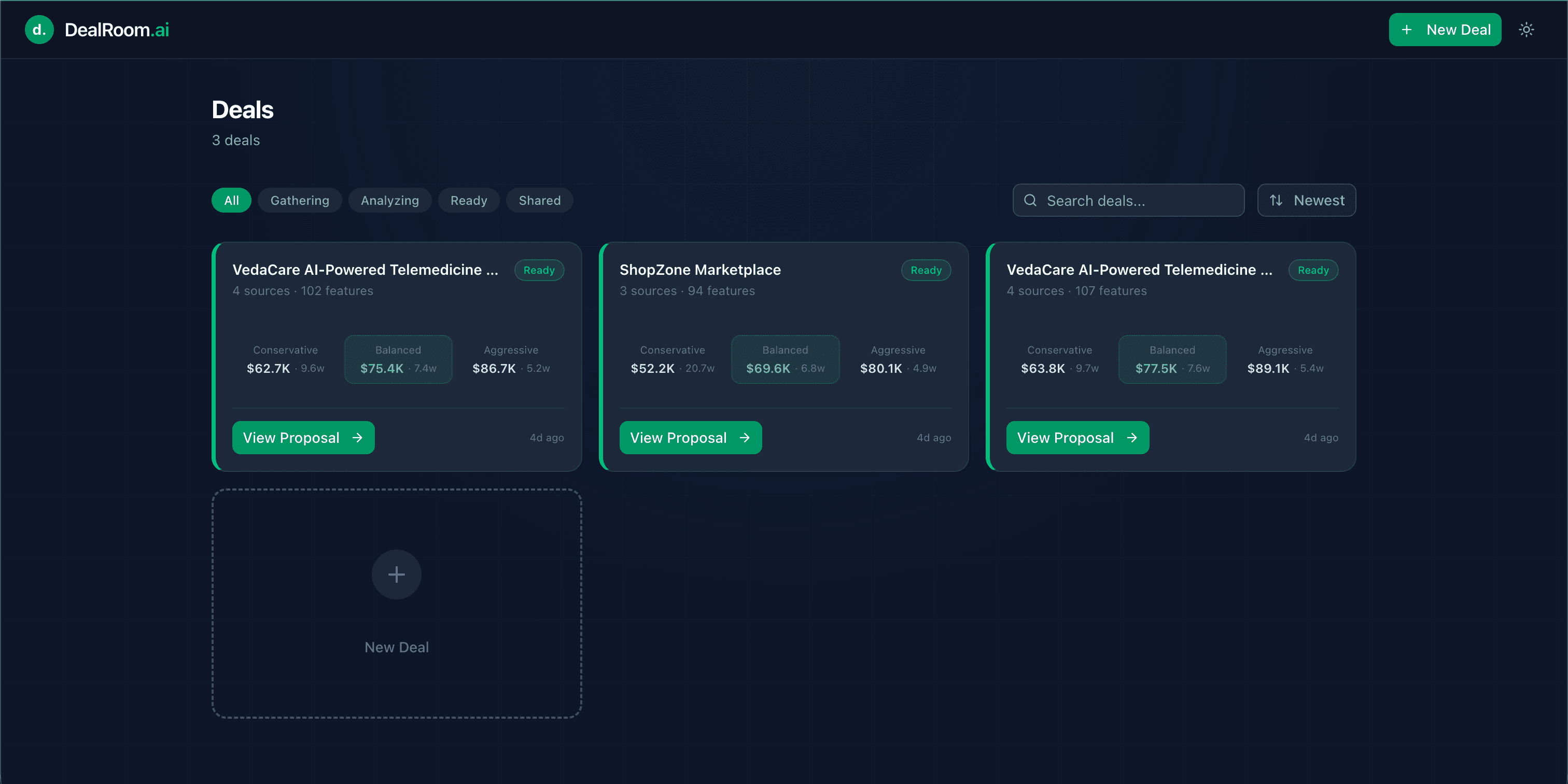 Dark mode dashboard with multiple active project deals.