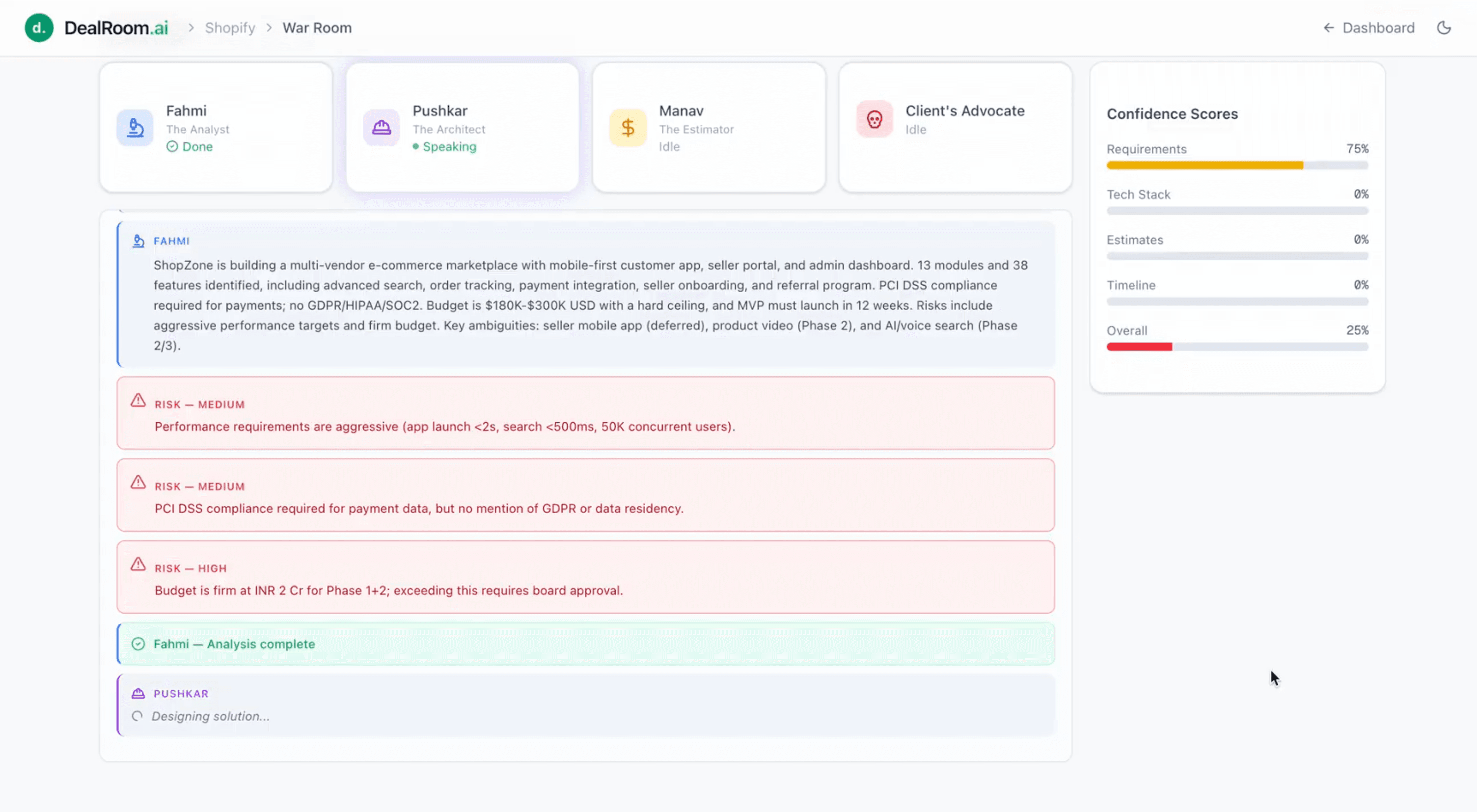 AI analysis interface showing project risks and scores.
