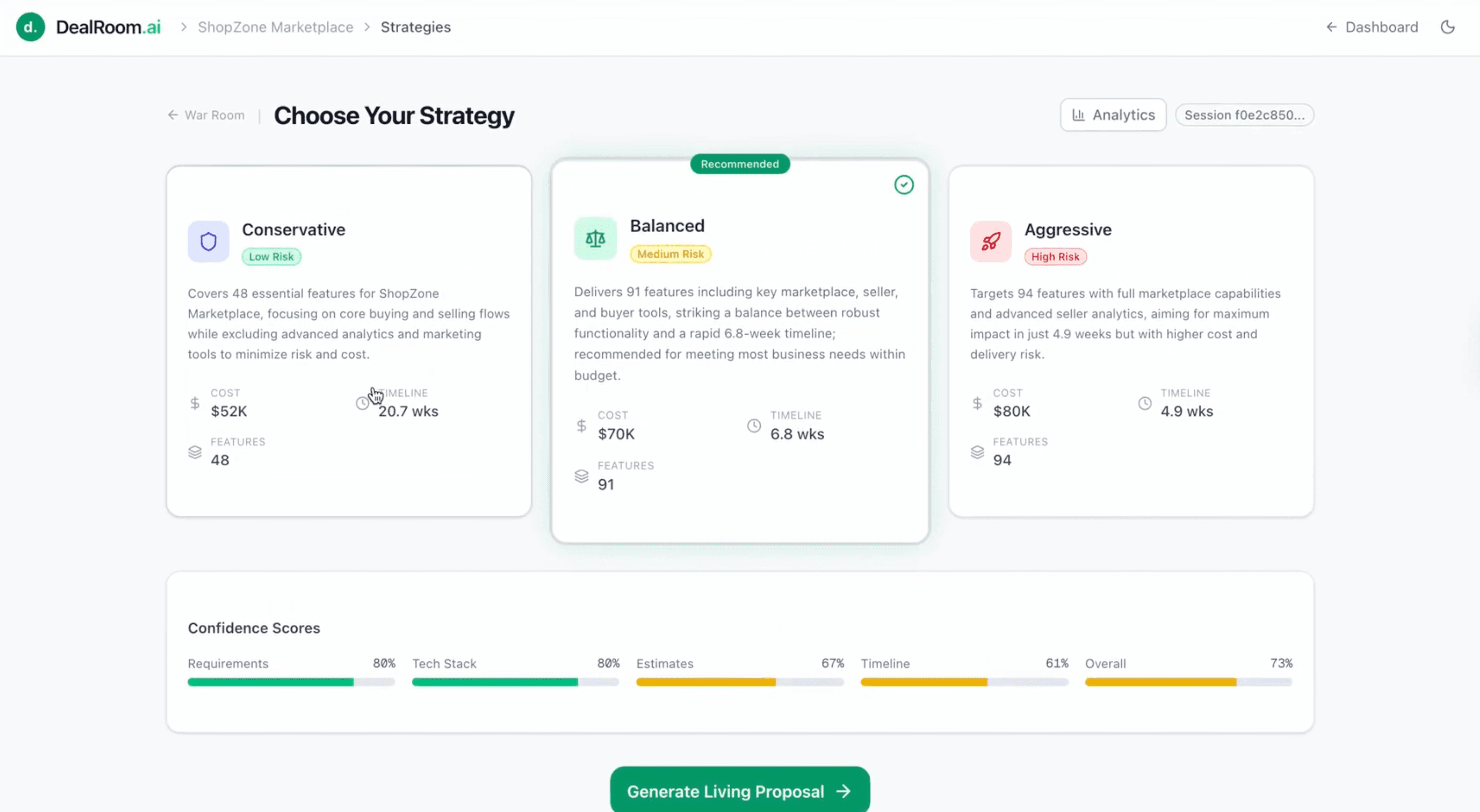 Dashboard showing three software development strategies.