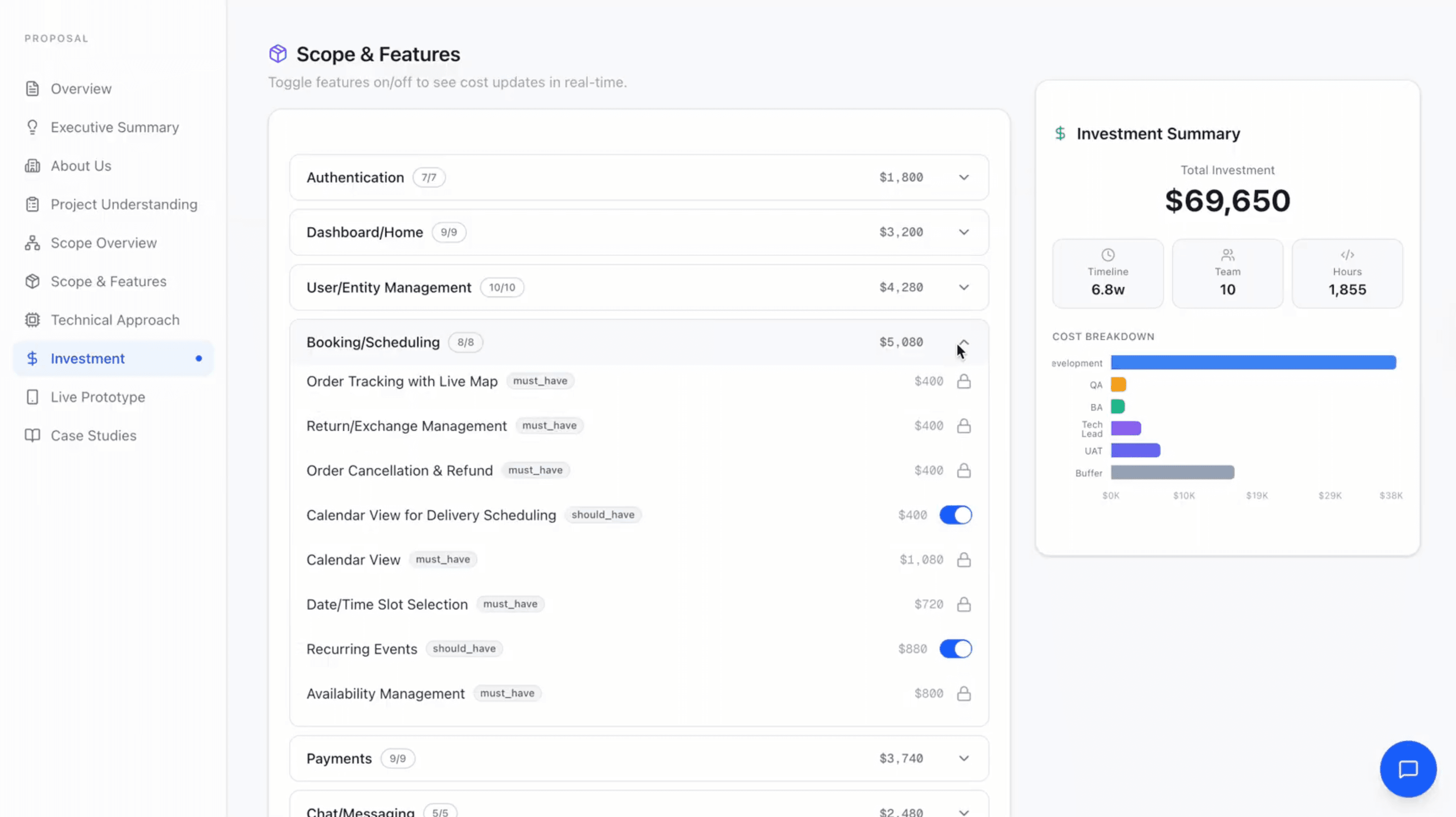 Cost breakdown and feature scope for a project proposal