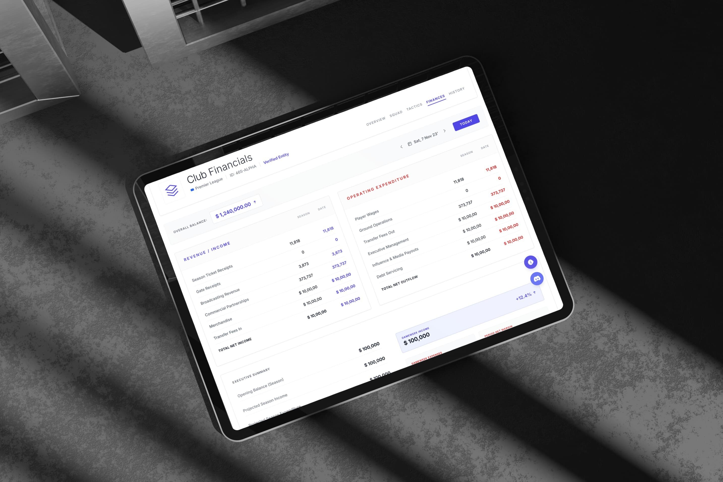 A perspective shot of a tablet lying on a grey, shadowed surface. The screen displays a Club Financials spreadsheet with detailed columns for revenue, expenses, and net profit.