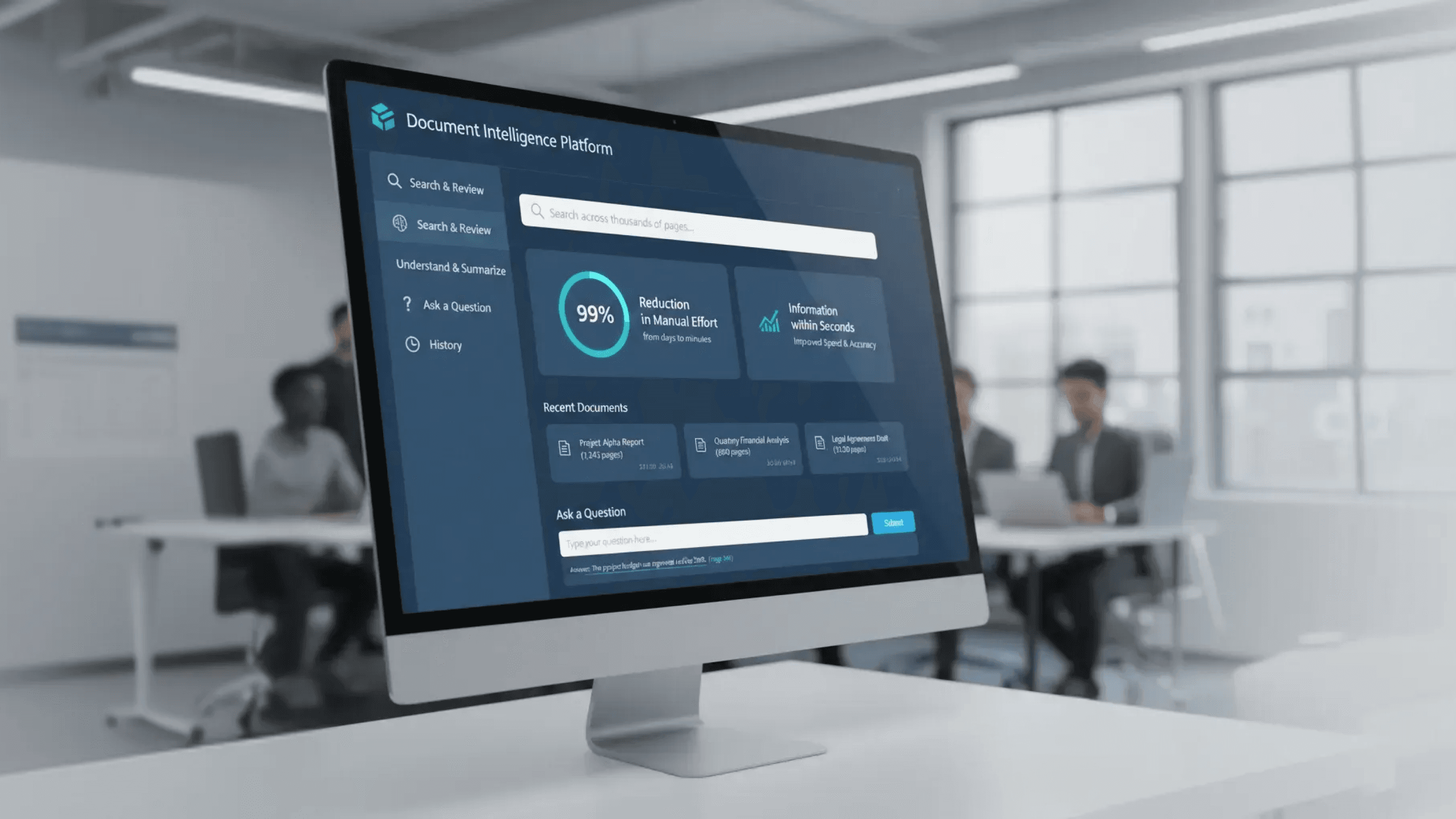 AI Document Intelligence platform dashboard with automated search, review, and document insights