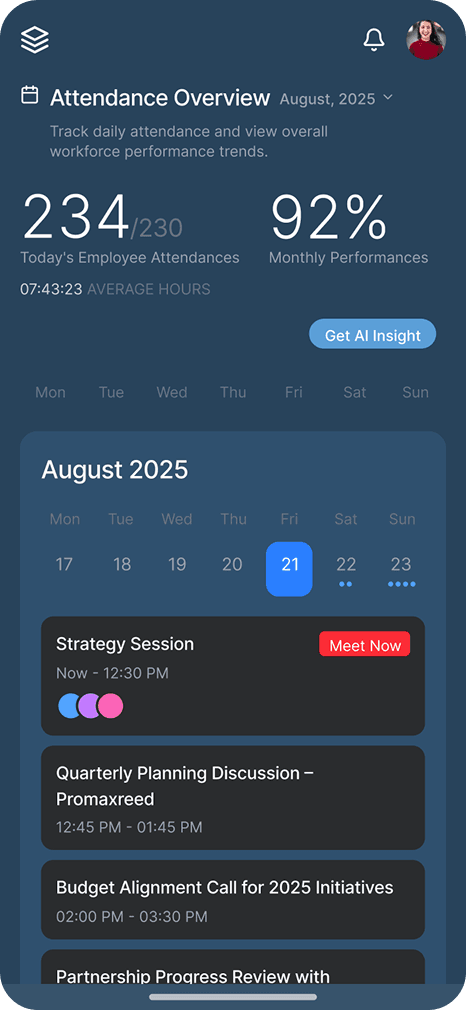 AI workforce attendance mobile dashboard with employee stats, calendar view, and performance insights