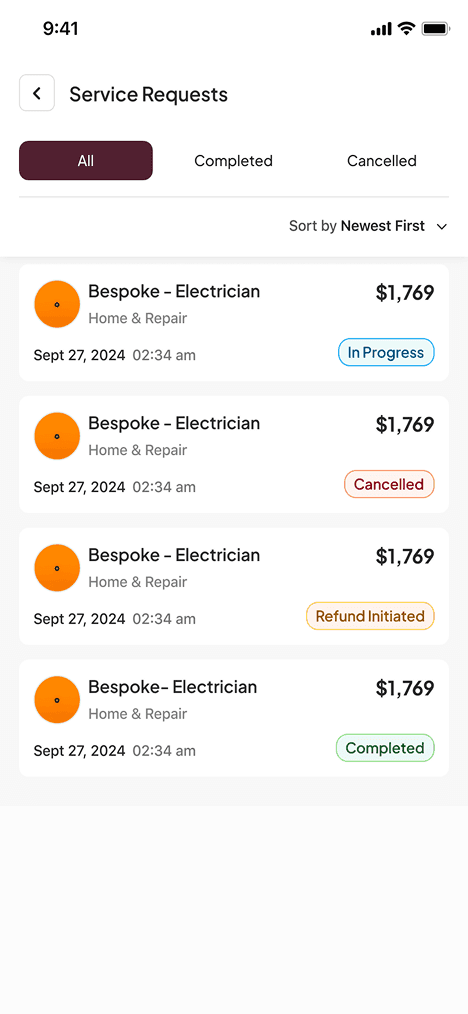 Service requests dashboard on a Kubernetes-native platform with in-progress and completed jobs