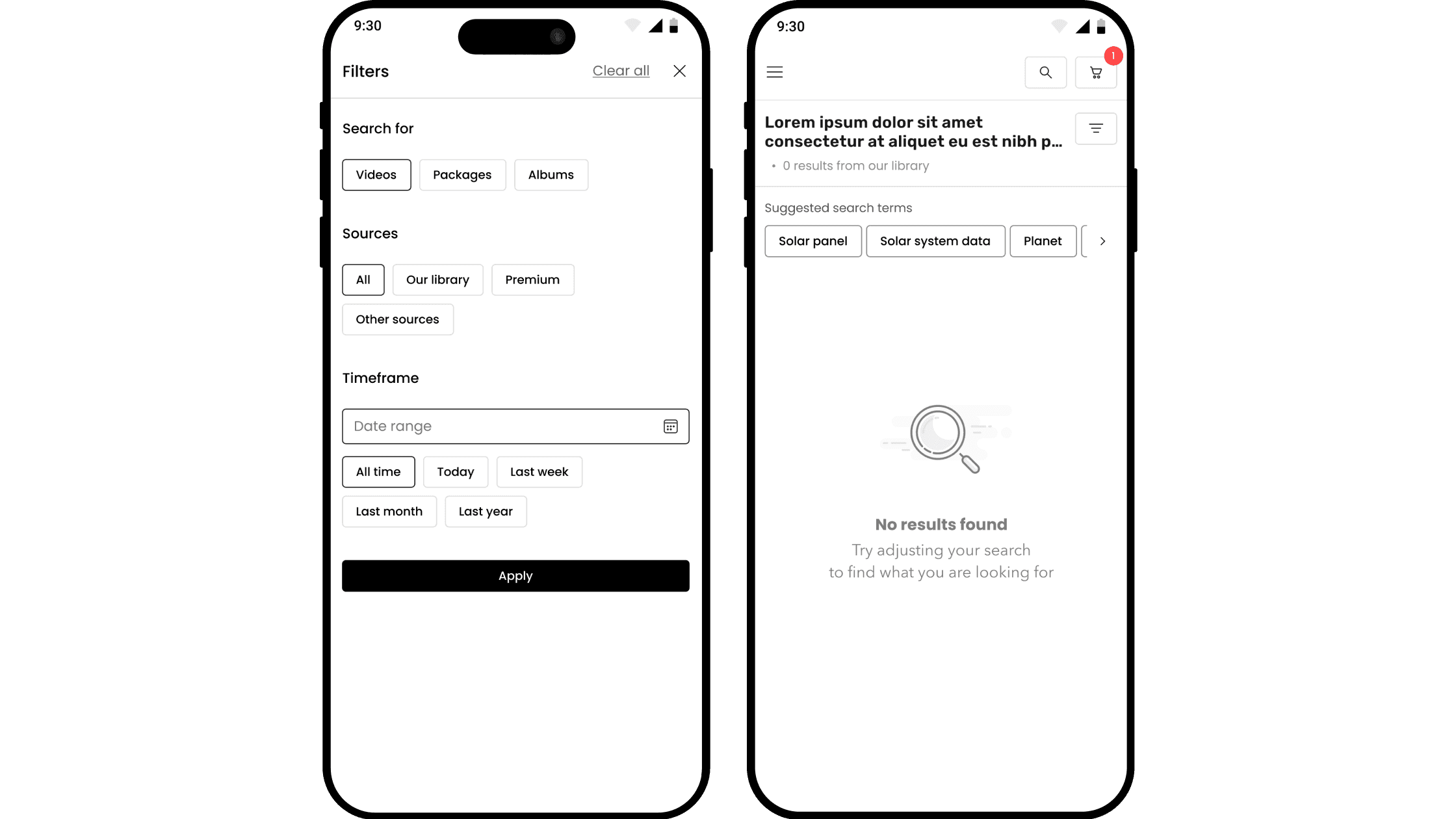 QA testing interface for mobile search, filters, and no-results states across video content