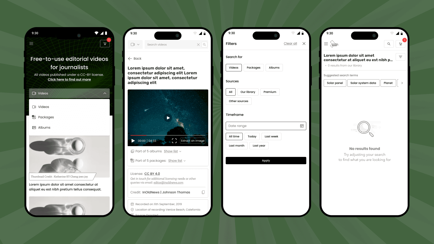 Mobile app interface for browsing and filtering editorial videos for journalists.