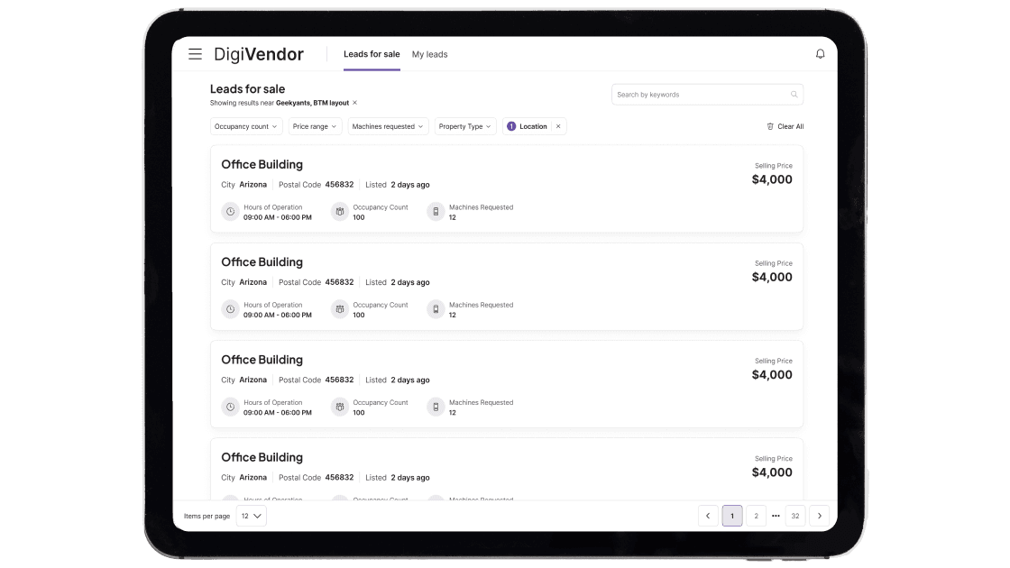 DigiVendor backend system showcasing paginated lead management data table