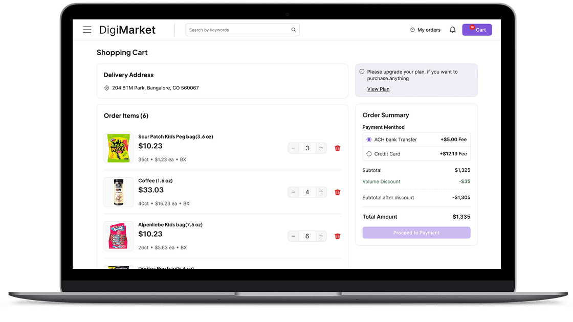DigiMarket shopping cart interface for QA testing with payment and order summary
