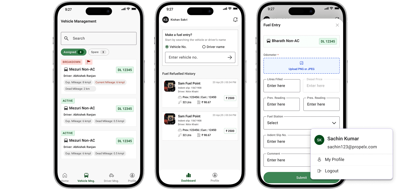 Mobile screens on fuel management
