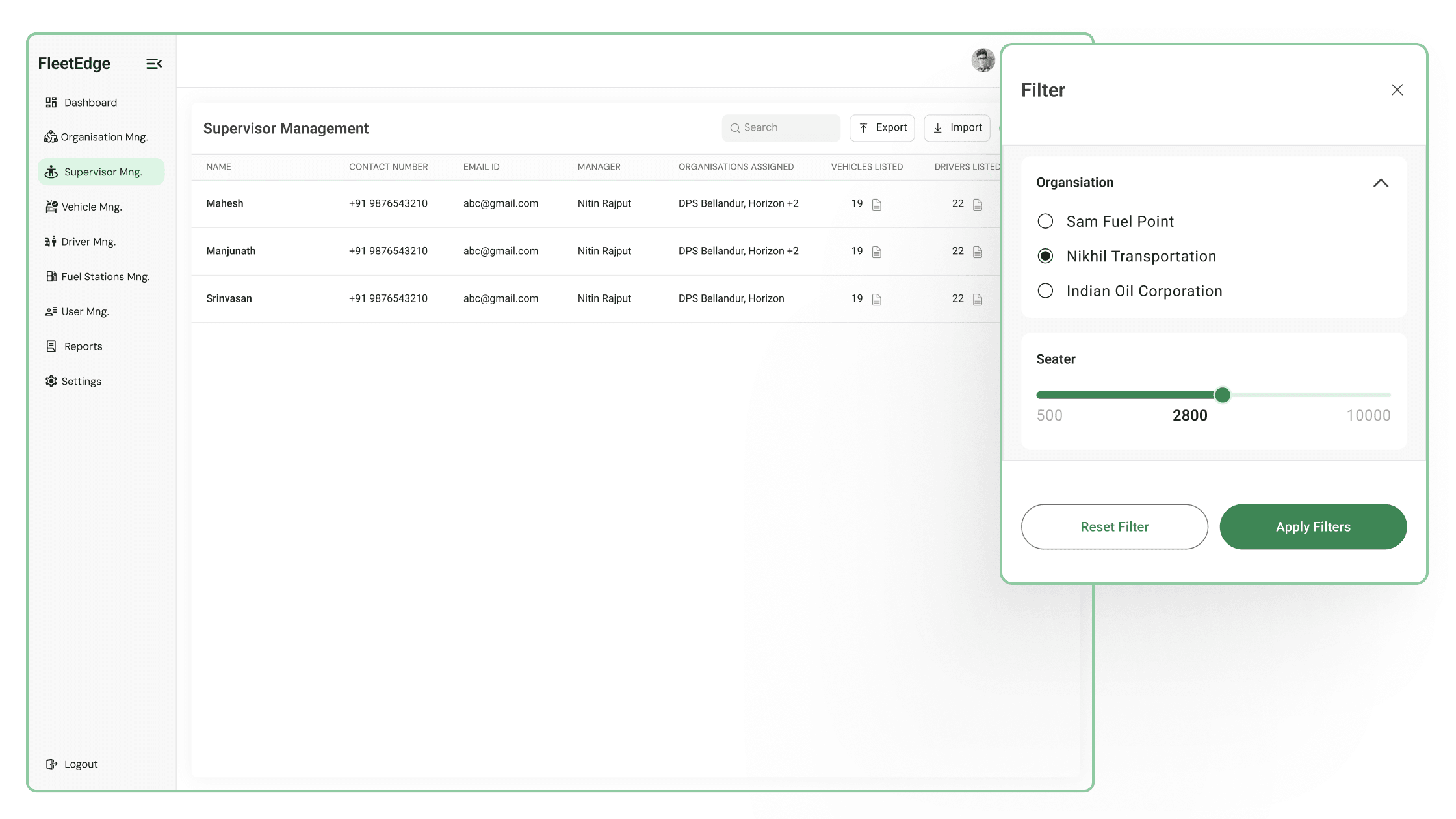 Filter in dashboard for fuel management app