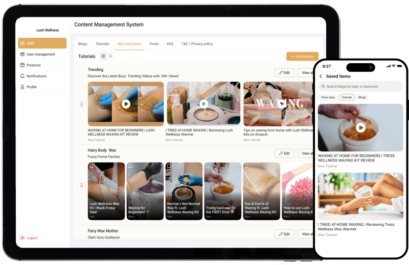 WaxBuddy CMS and mobile app displaying tutorials and saved items for at-home waxing.