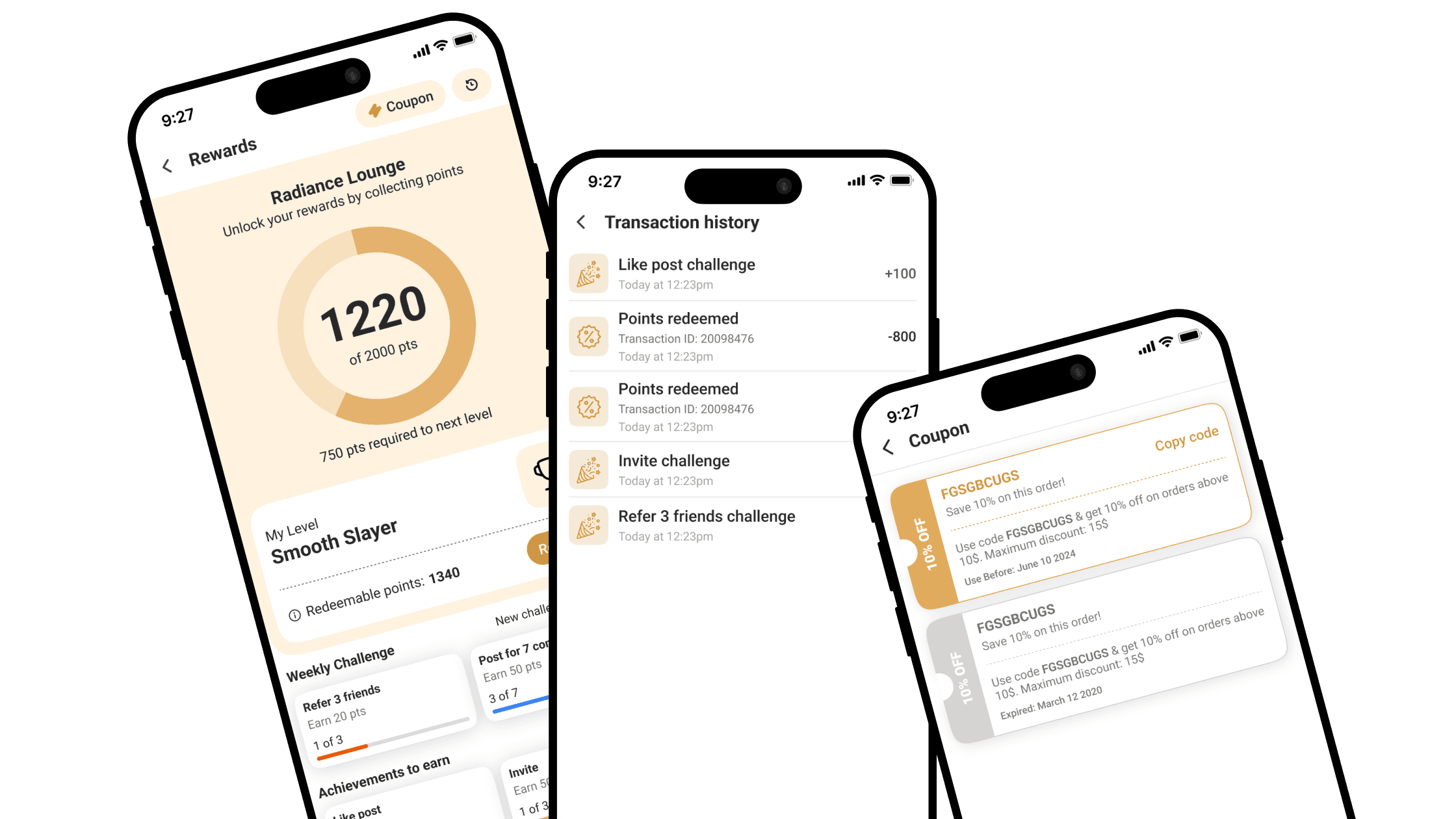 WaxBuddy app rewards dashboard with points, transaction history, and coupons.