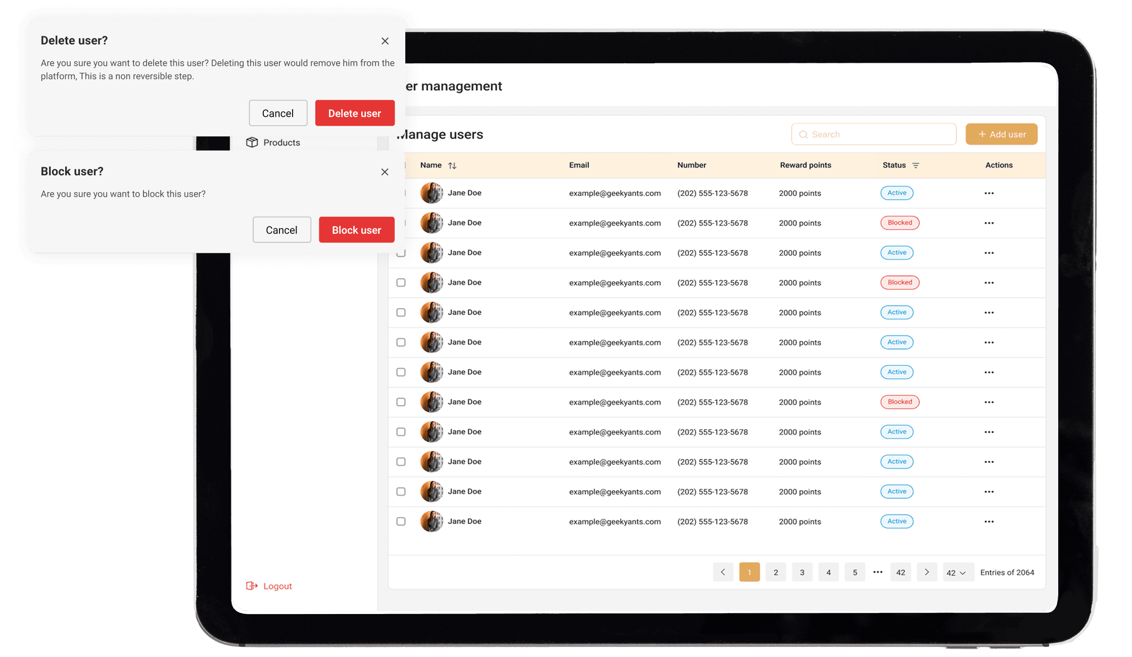 WaxBuddy CMS user management screen with delete and block user options.