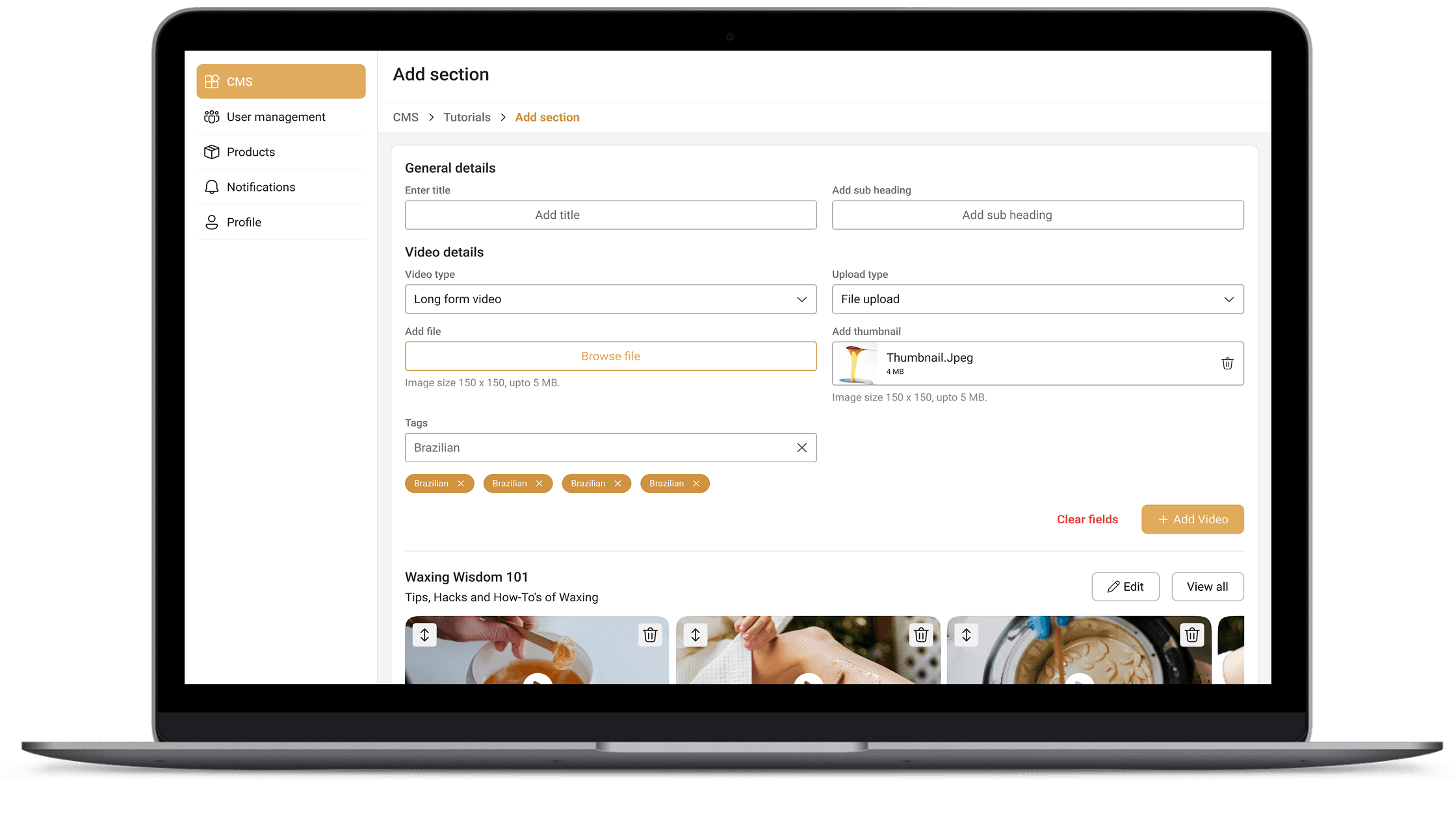 WaxBuddy CMS add tutorial section with video upload and content tags.