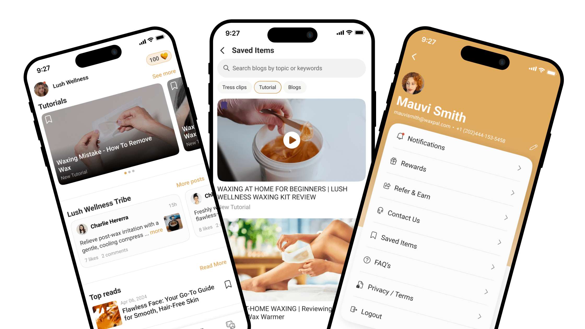 WaxBuddy mobile app showing tutorials, saved items, and user profile screen.