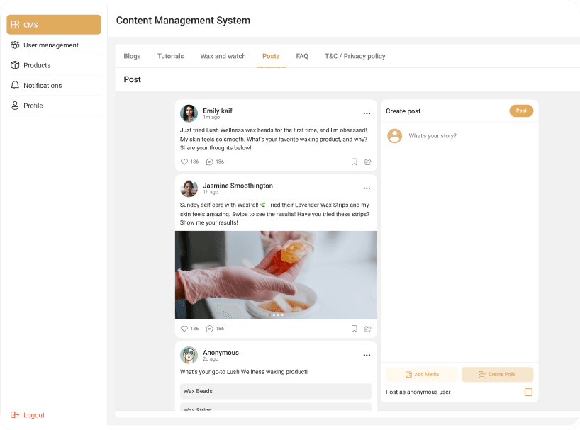 WaxBuddy community posts section with user reviews and engagement tools.