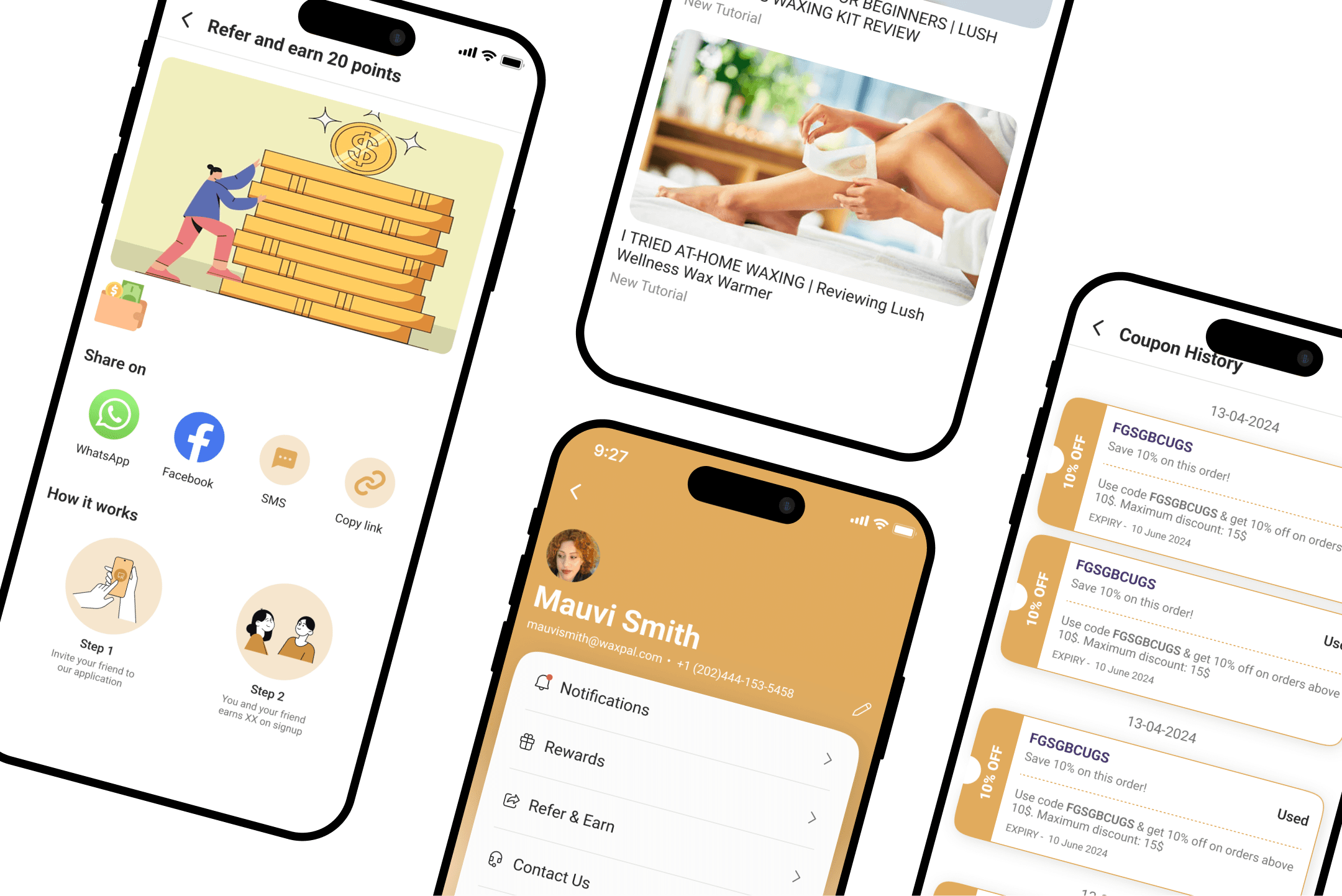 WaxBuddy mobile app by Lush Wellness with rewards, refer & earn, and coupon history.