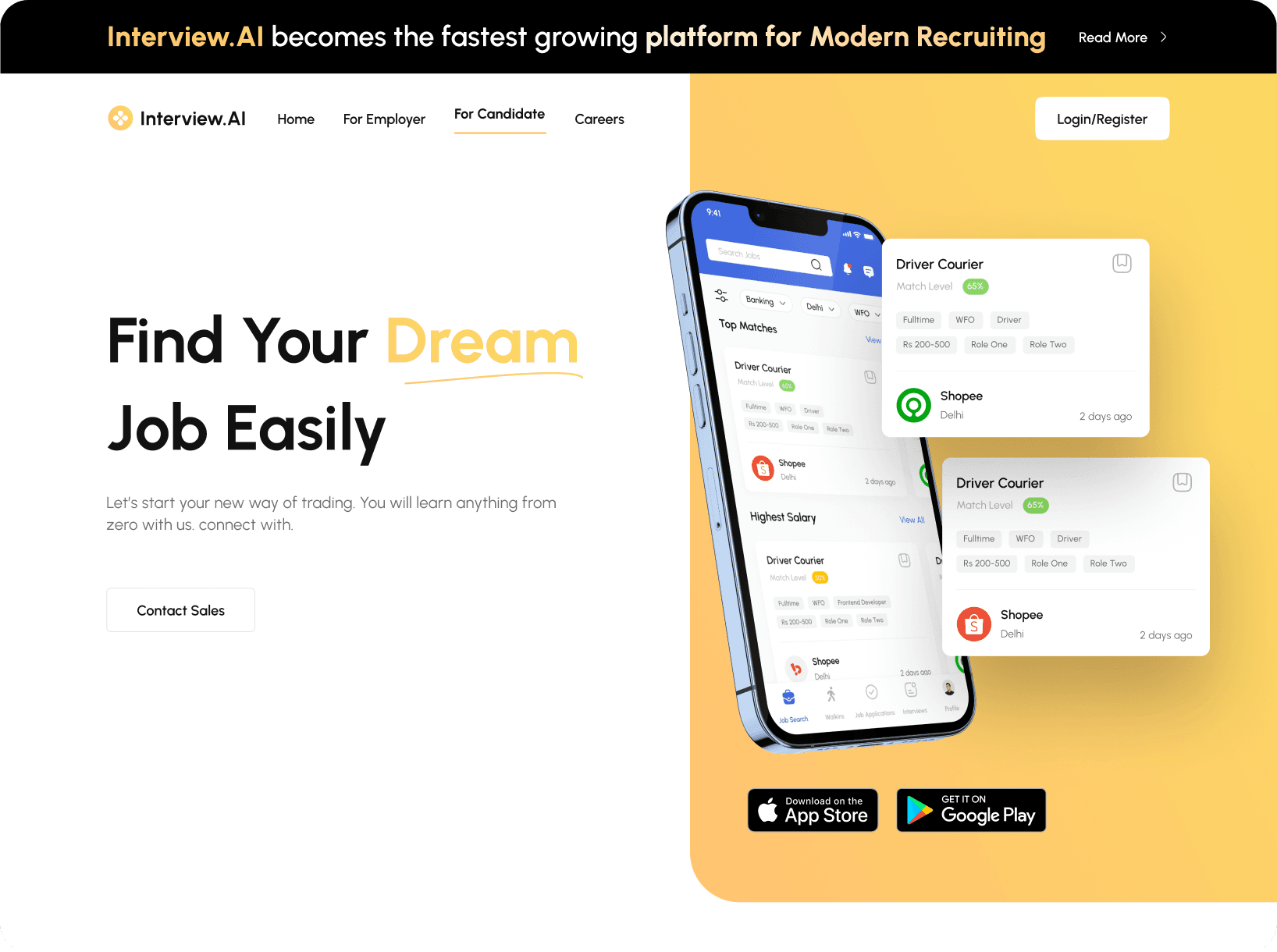 Interview.AI Dashboard UI screen - Landing page UI design