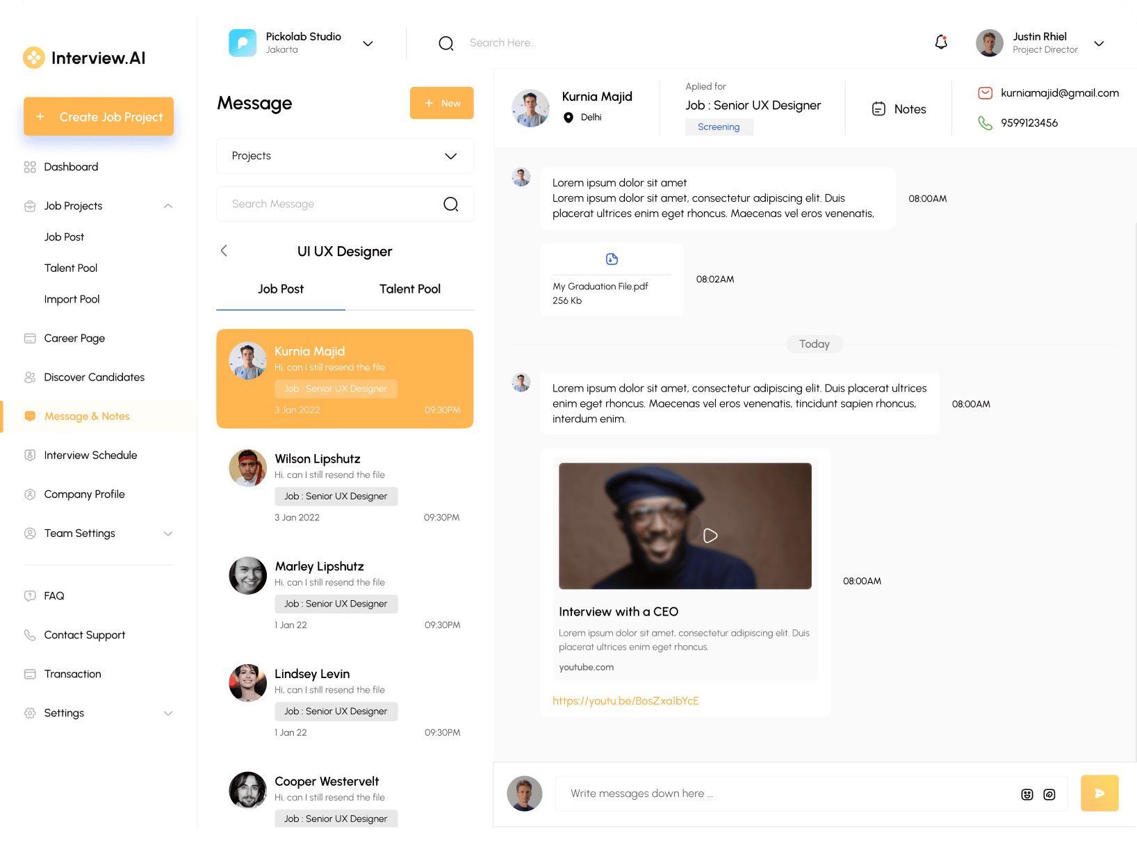 Interview.AI Dashboard UI screen - Message and notes