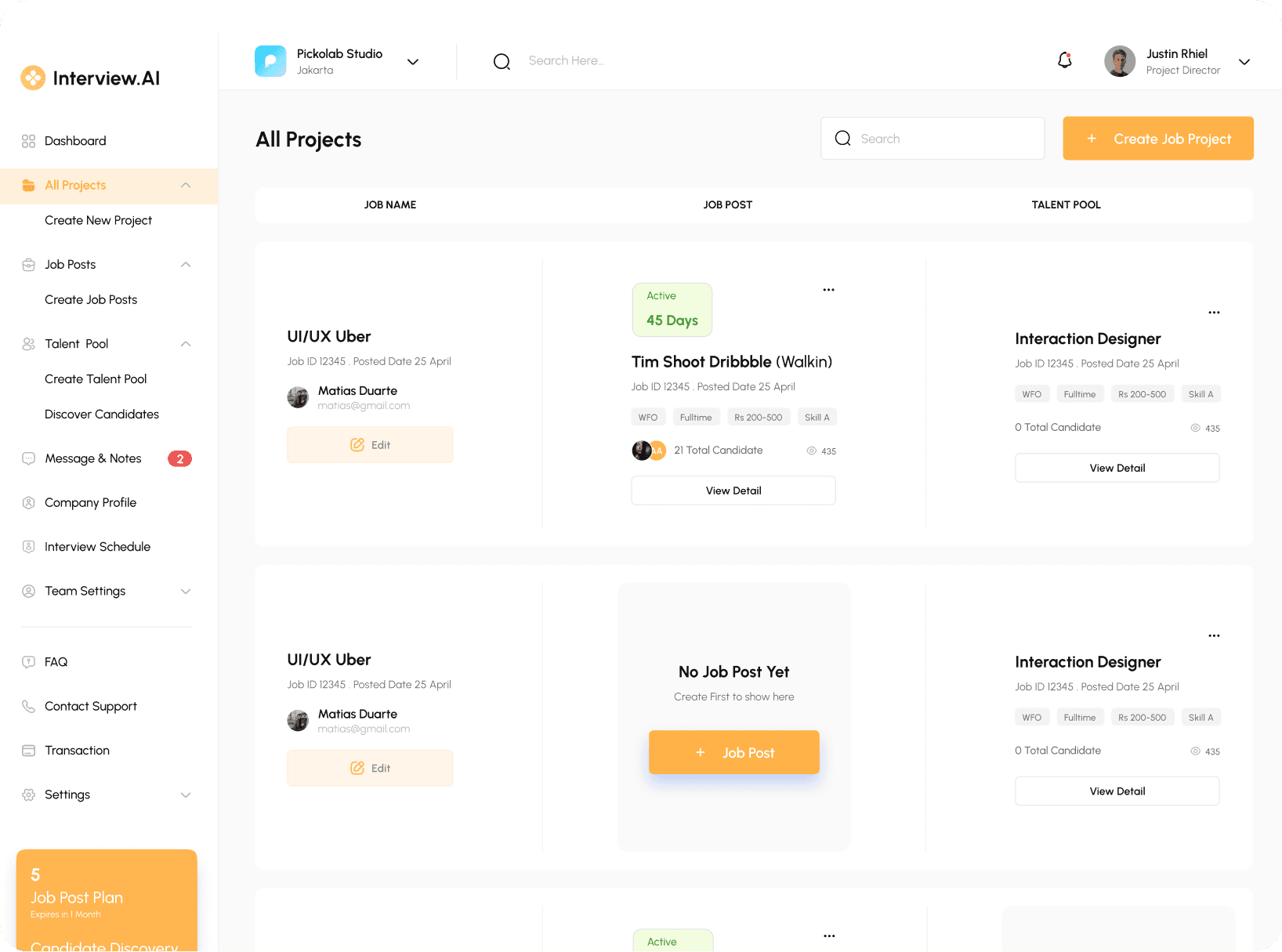 Interview.AI Dashboard UI screen - All projects