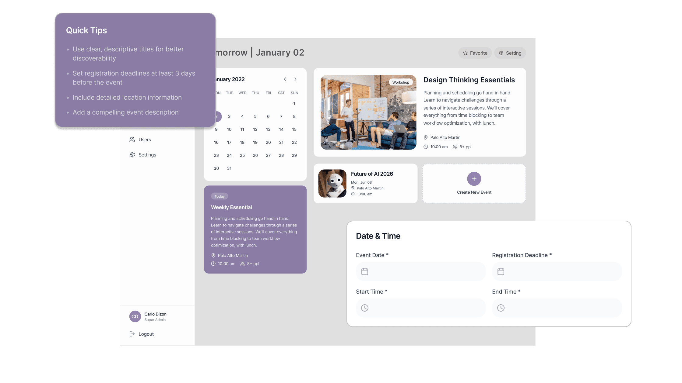 Monorepo Foundation for event management platform dashboard, quick tips, and date-time form UI