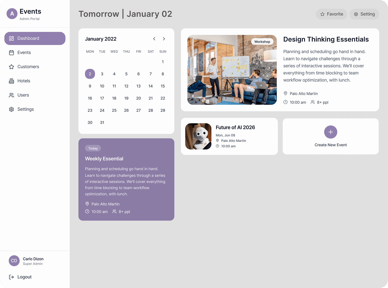 API-first event management platform dashboard with modular architecture and enterprise scheduling workflows