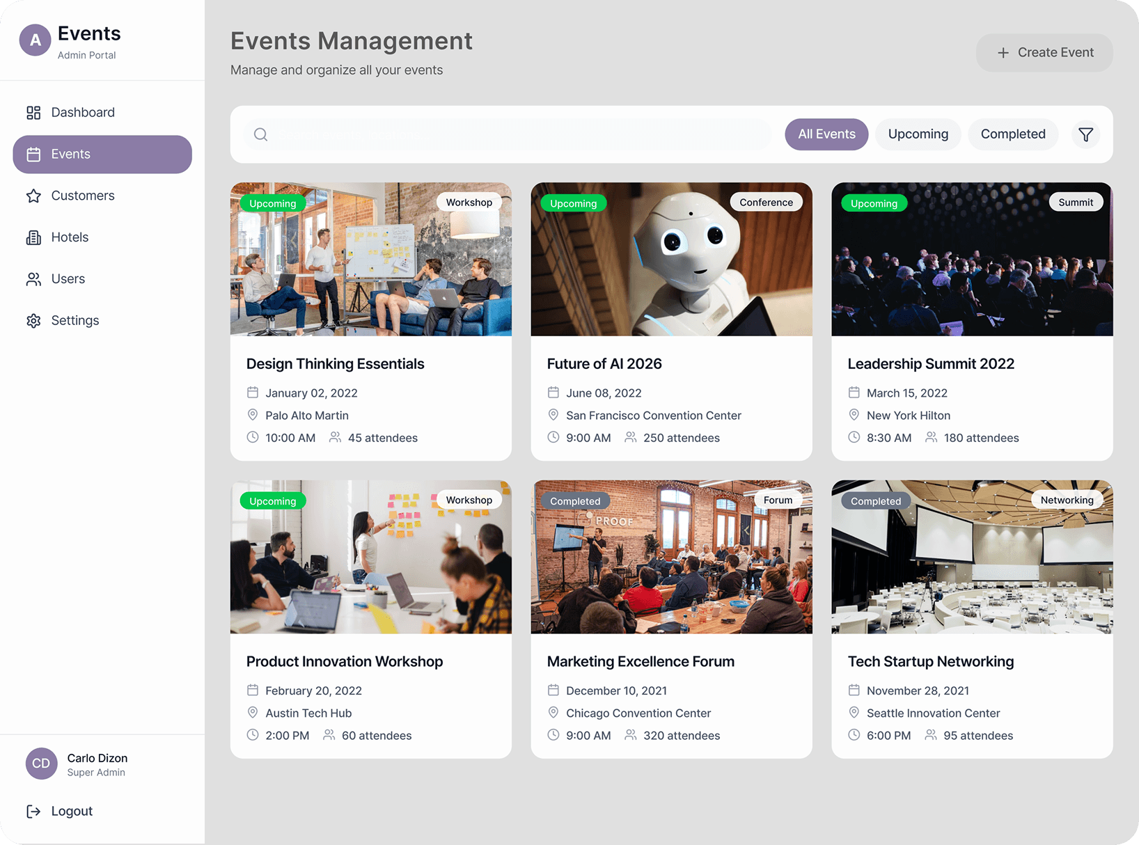 Enterprise events management platform dashboard with scheduling, attendee tracking, and conference management tools