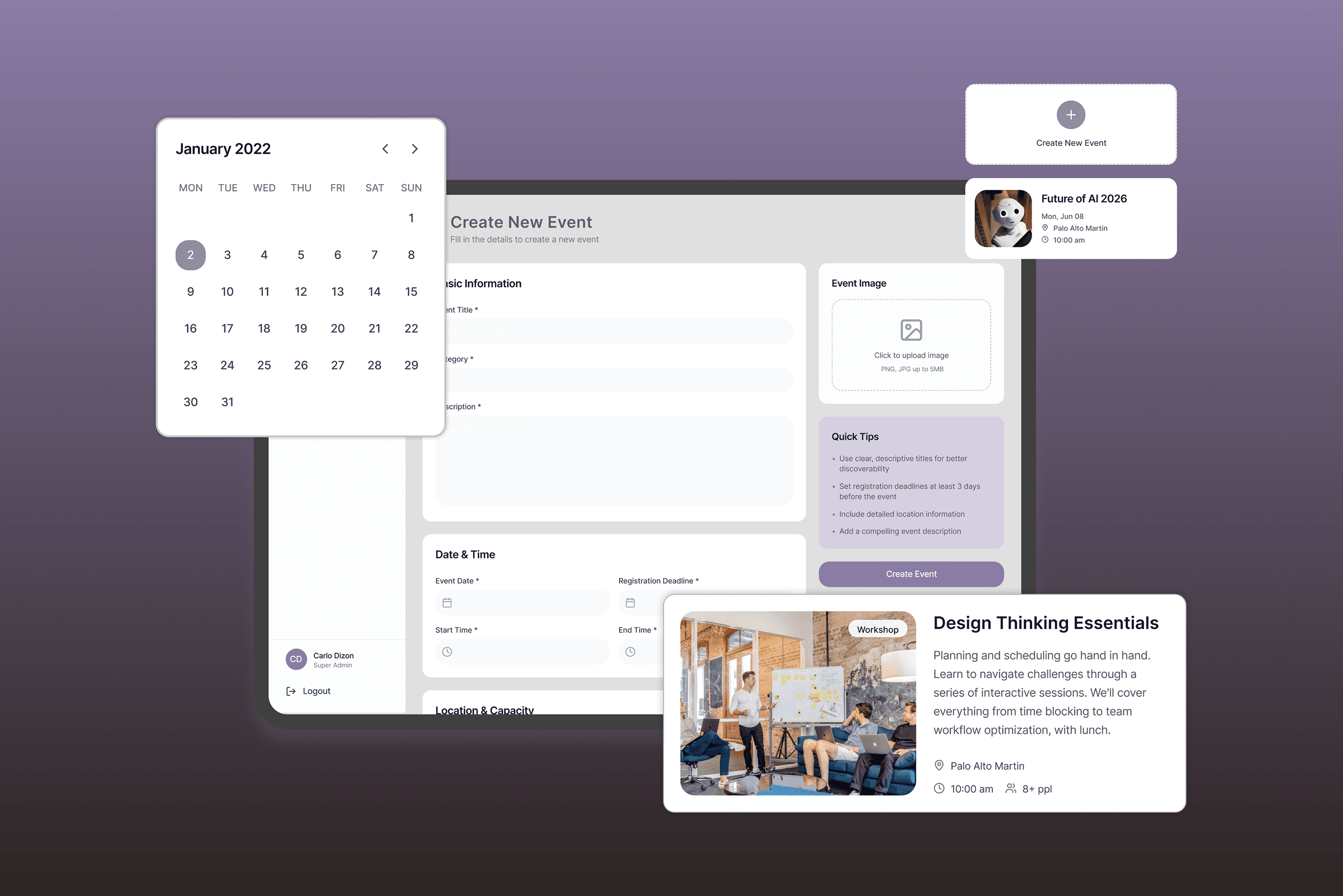 Enterprise event management platform with event scheduling, attendee management, and admin dashboard