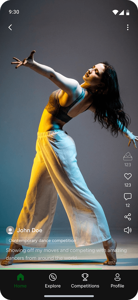 Video management system UI for dance competition with full-screen performer video and engagement icons