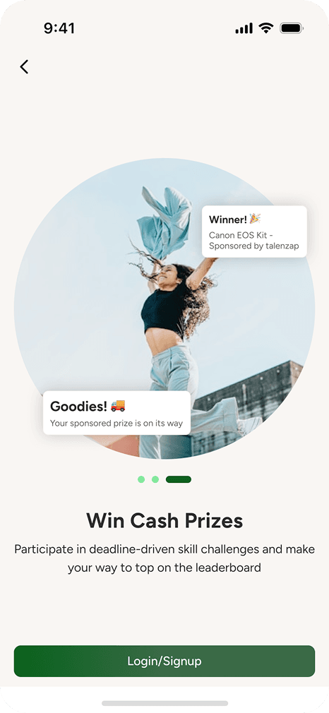 Video competition management system mobile UI with login button, prize cards, and skill challenge intro