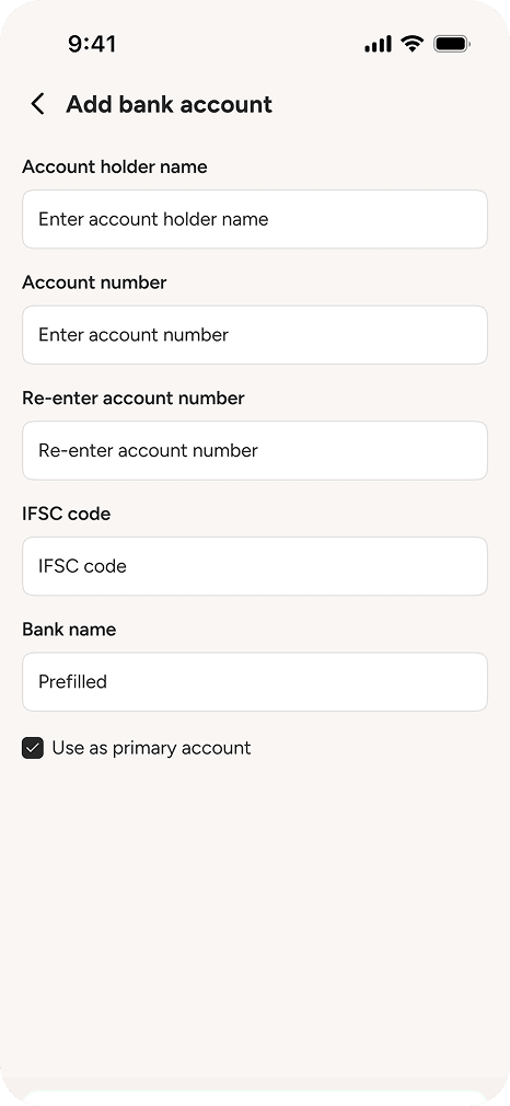 Mobile app payment setup screen for adding bank account details and selecting primary account status