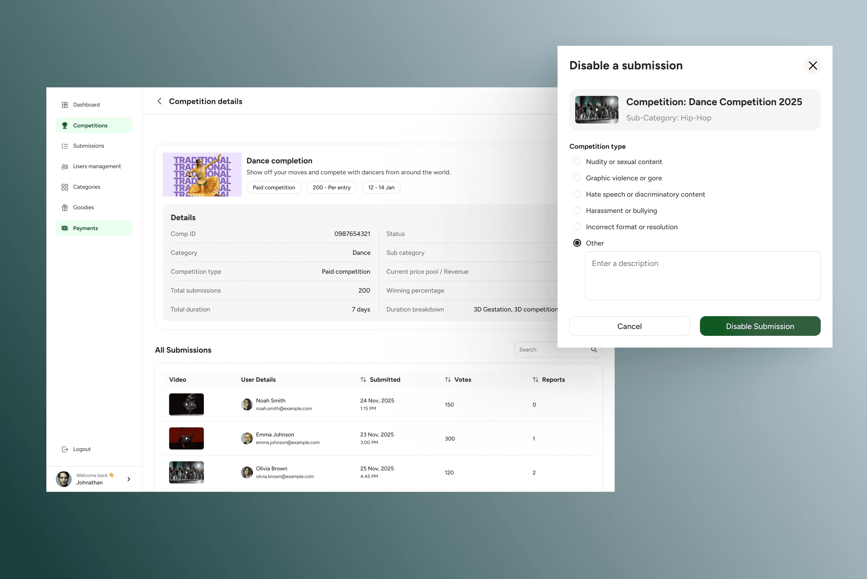 Video competition platform admin dashboard with automated moderation and disable submission modal
