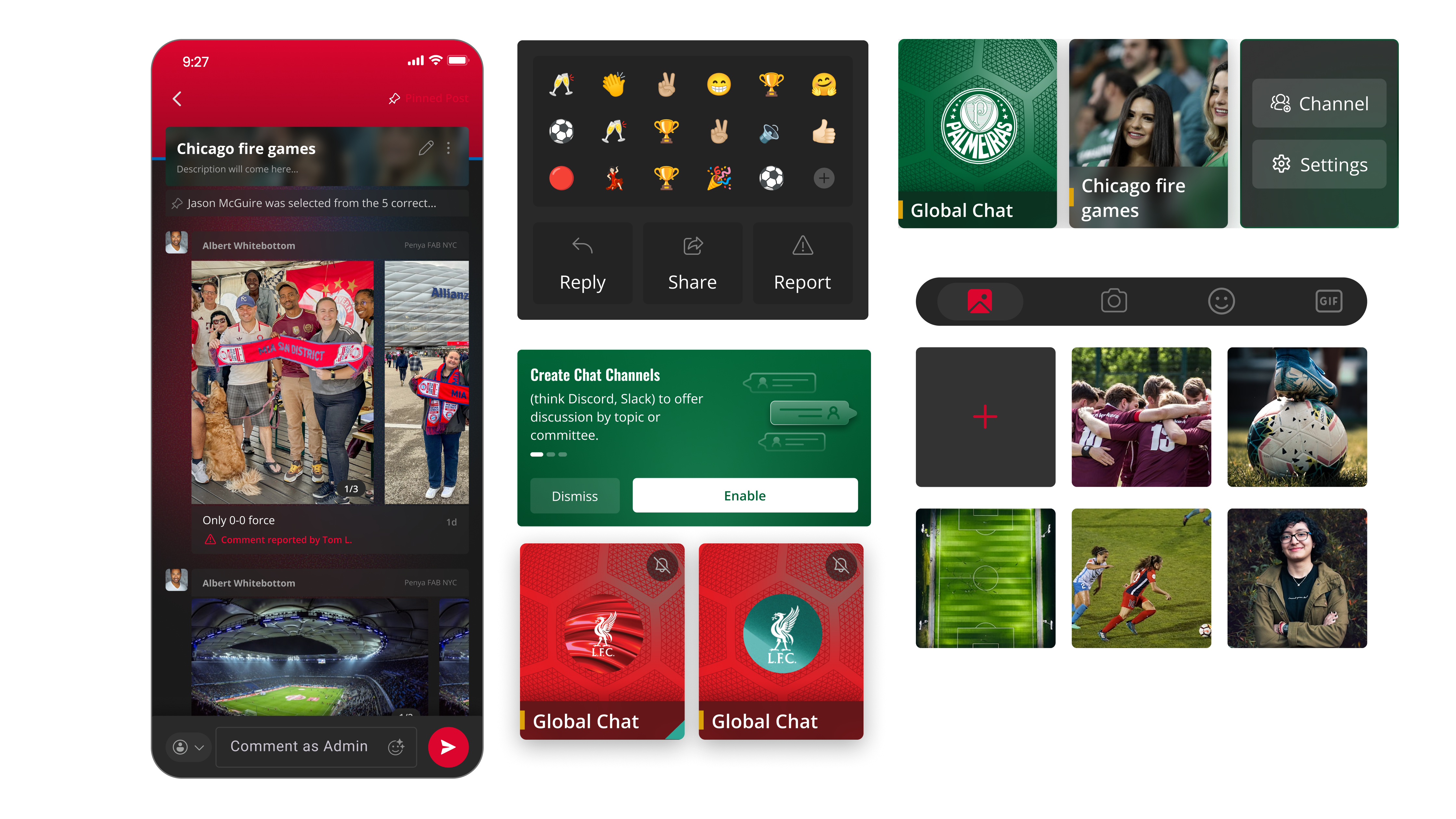 Sports fan platform architecture slide with global chat, community posts, reactions, and media sharing