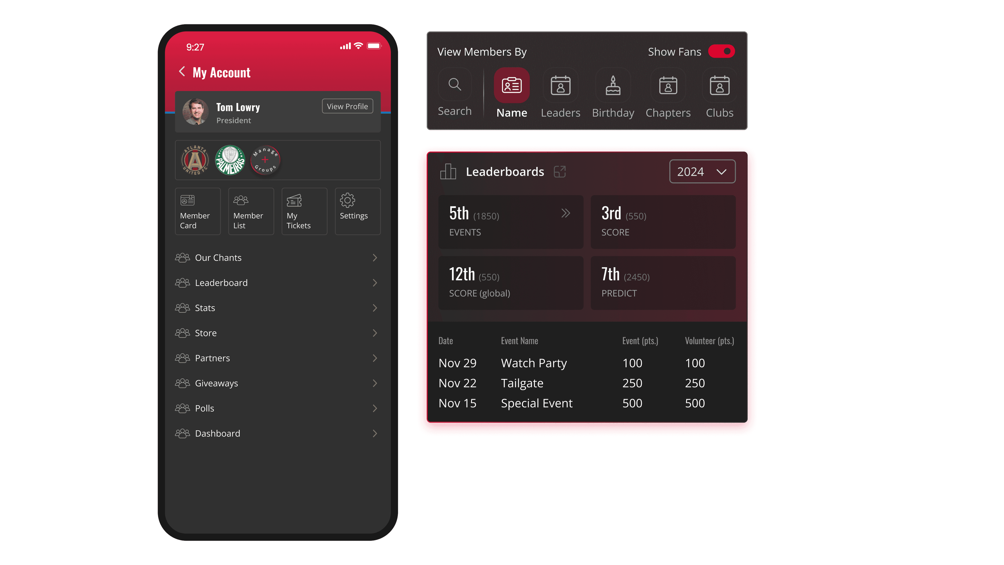 Sports fan membership app screen with account profile, member card, tickets, settings, and leaderboard